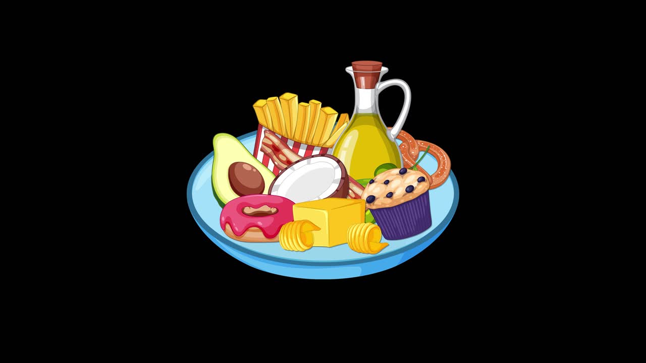 Colorful high-fat foods assemble on blue plate against black background, smooth transitions, flat vector style