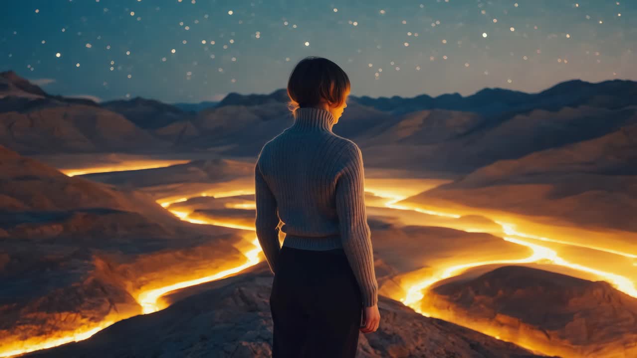 A lone figure overlooks a landscape of glowing rivers under a starry alien sky