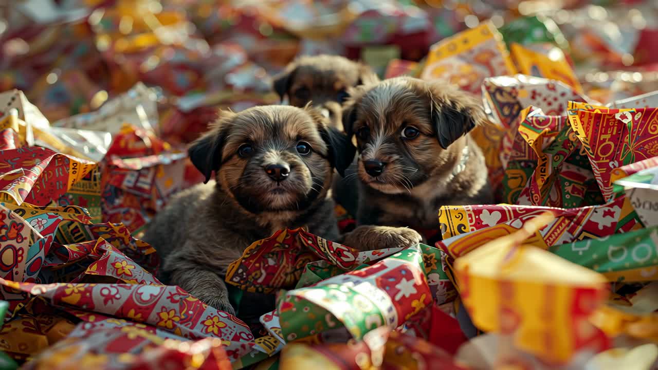 Settling three puppies in torn wrapping paper, sniffing curiously and pawing scraps on room floor