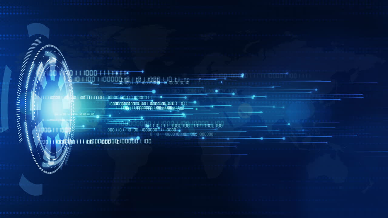 Technological hi-tech blue background with round HUD element. Moving bright rays of light with digital binary code. Looped animation with world map.