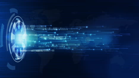 technological hi-tech blue background with round hud element. moving bright rays of light with digital binary code. looped animation with world map.