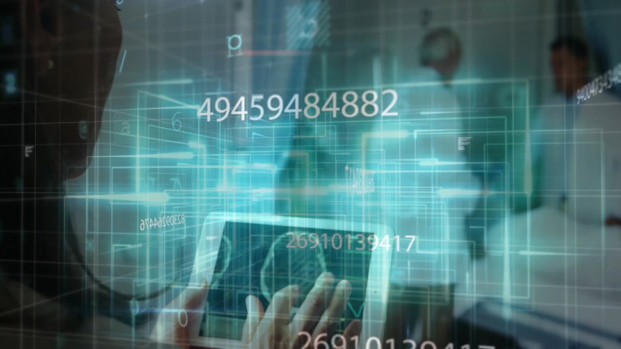Hand placing tablet into teal grid and monitoring medical brain scan evolving into vital sign graph
