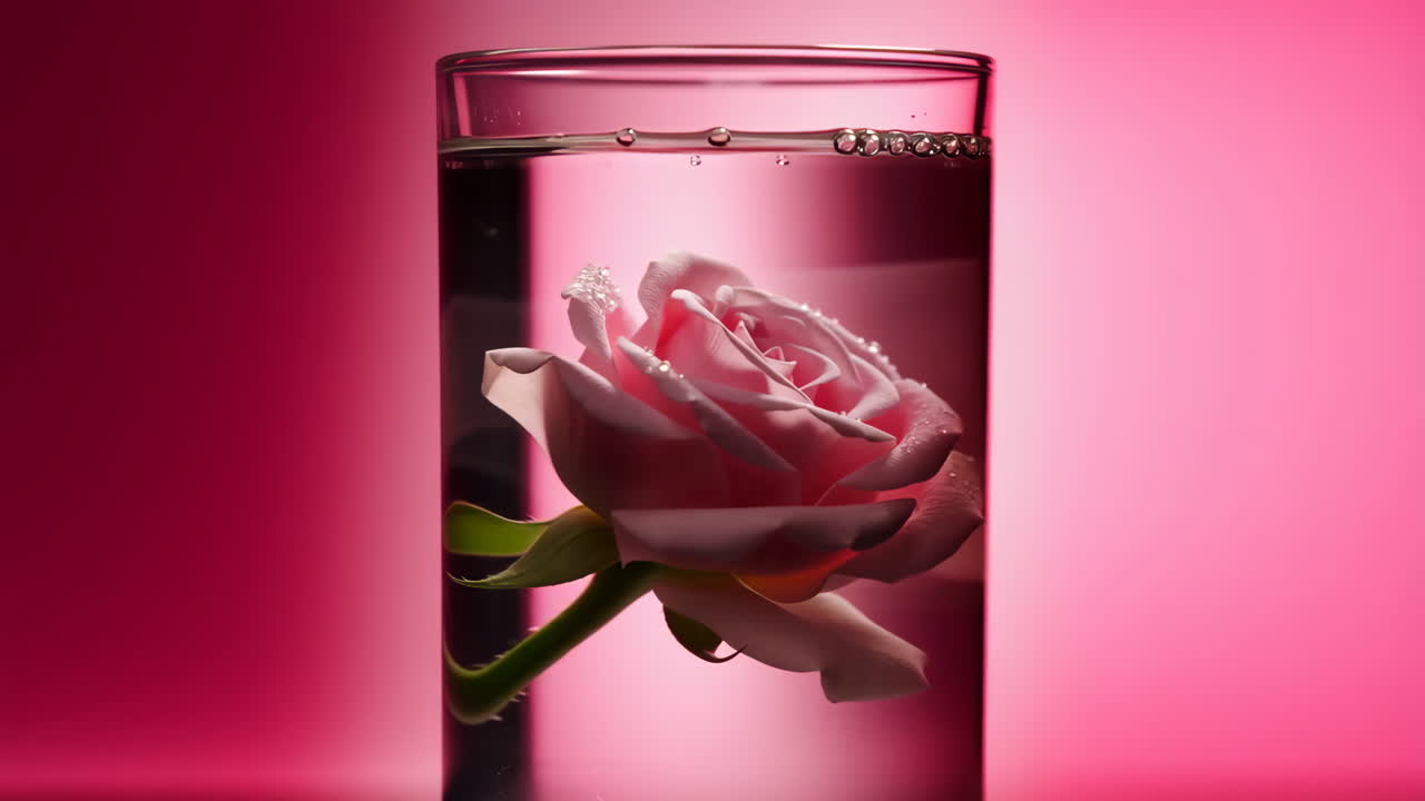Rosa rosa sommersa in un bicchiere d'acqua