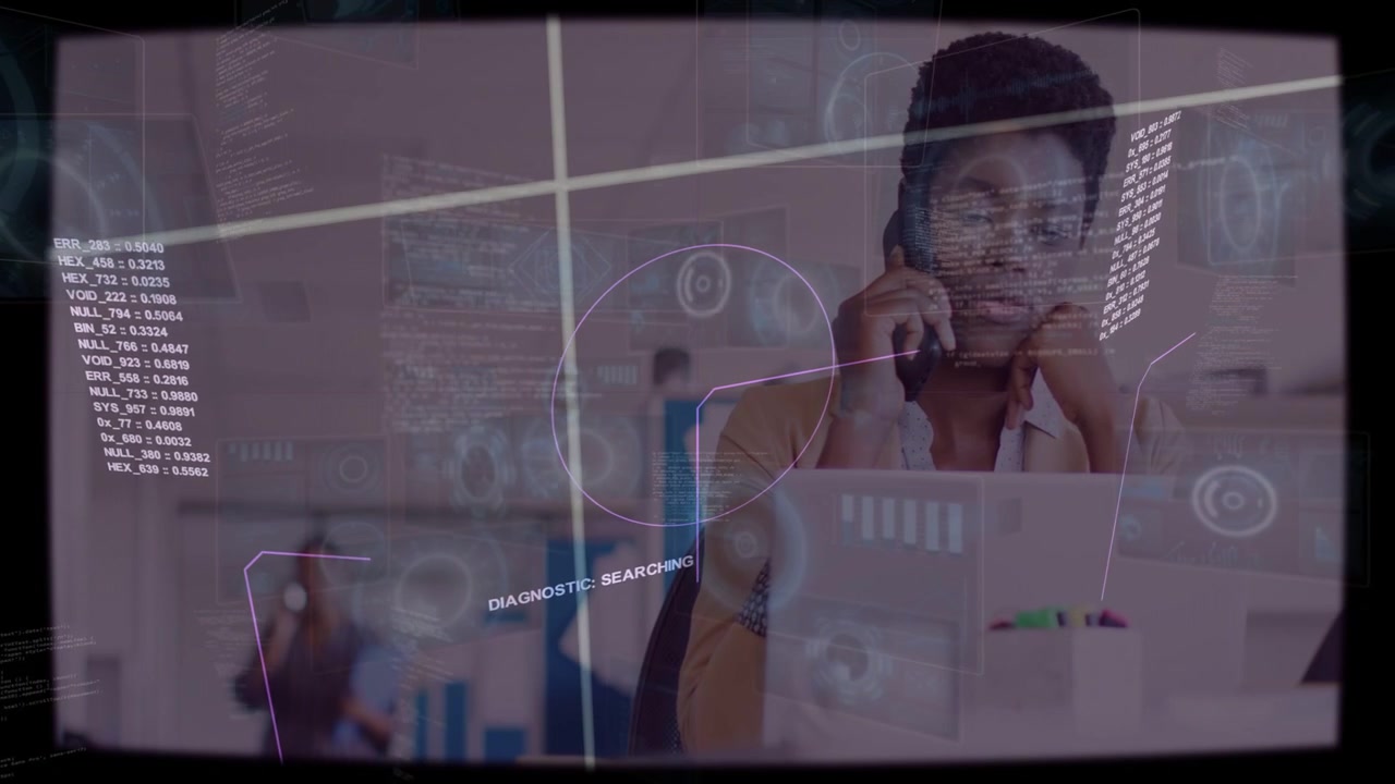 Phone call starting diag tech HUD aligning woman holding phone checking laptop info touching collar