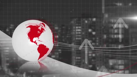 animación del procesamiento de datos y globo sobre el paisaje urbano