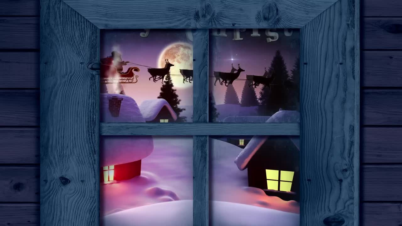 marco de ventana de madera contra santa claus en trineo siendo tirado por renos sobre el paisaje de invierno