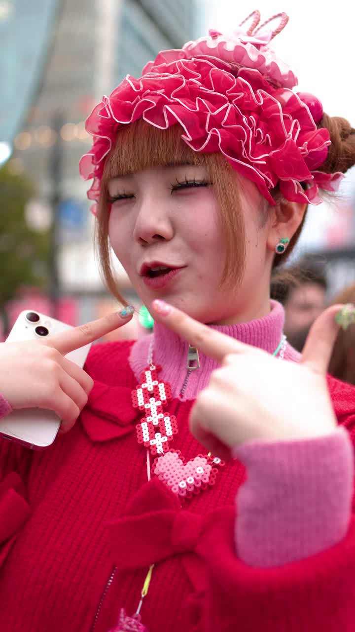 Una donna giapponese che indossa abiti vivaci rosa in stile Harajuku urla e gesticola a Shibuya.