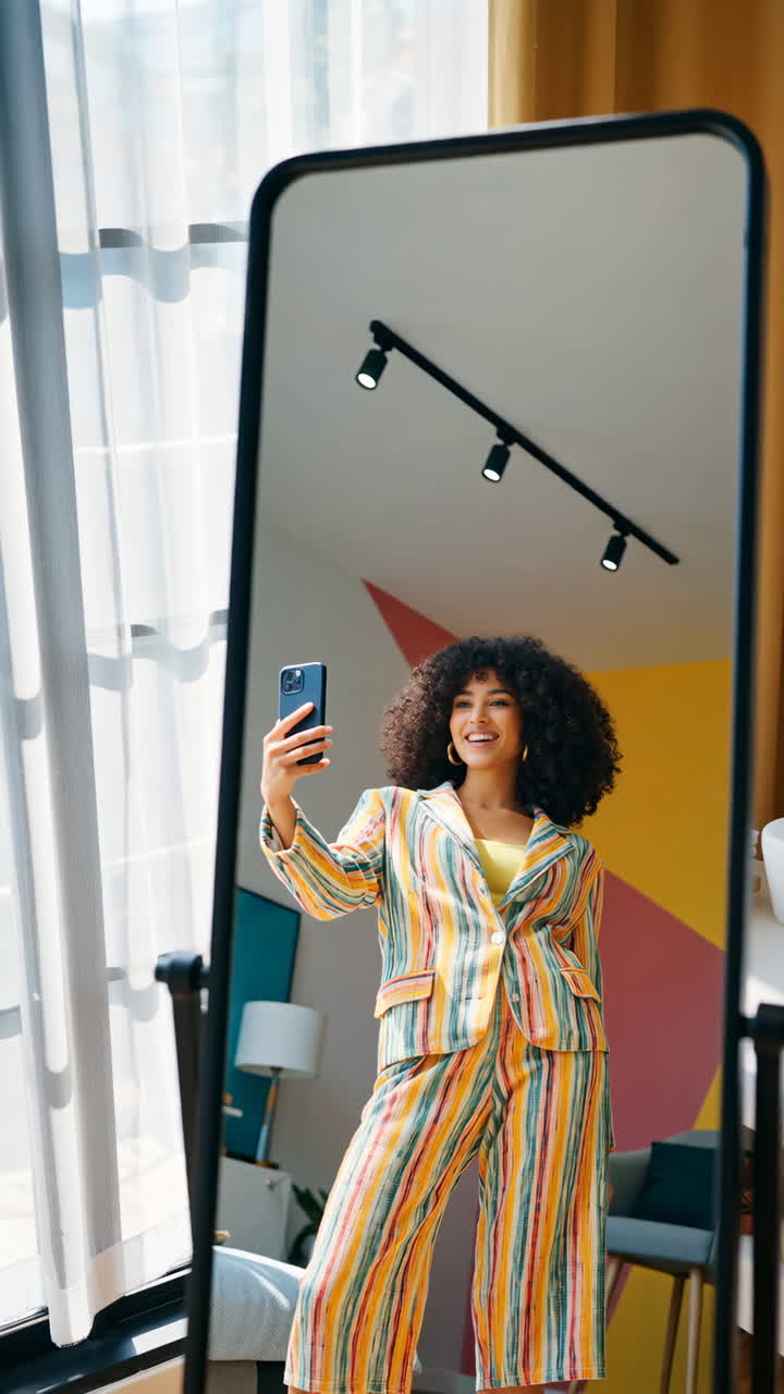 Woman taking a selfie in a mirror, showcasing a colorful striped suit