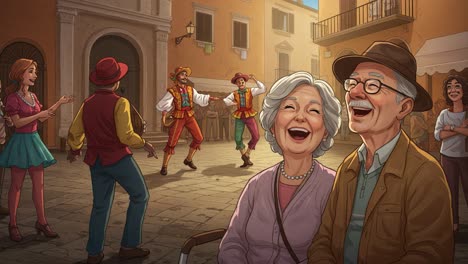 an enchanting evening of laughter and joy: a couple enjoying a delightful street performance in a charming old town square, surrounded by festive atmosphere