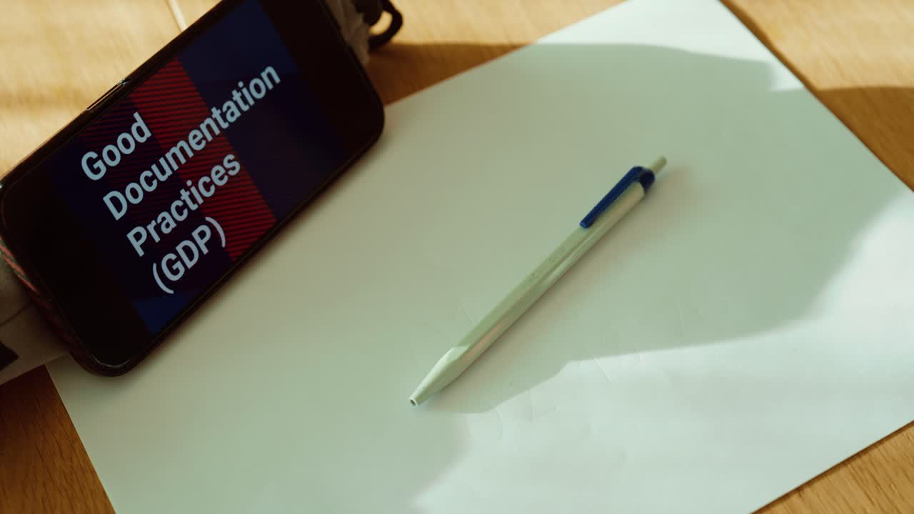 Minimal close-up of a pen placed on a blank document while “Good Documentation Practices (GDP)” is displayed on a smartphone nearby. Ideal for quality management, compliance training, audit preparatio