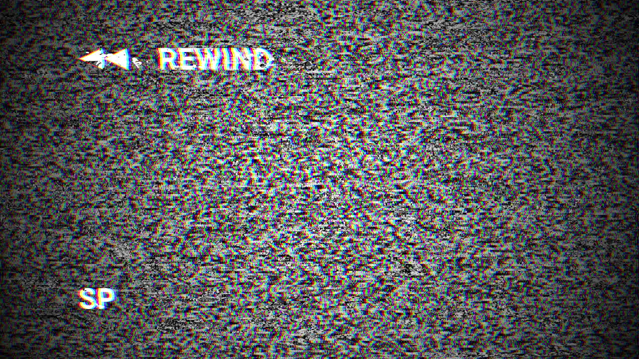 Retro VCR Rewind Screen with Static Noise and Glitch Effect