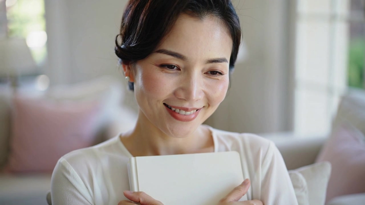 白い本を胸に押し当て、白い長袖トップスを着たアジア人女性がソファでリラックスしながら微笑んでいる