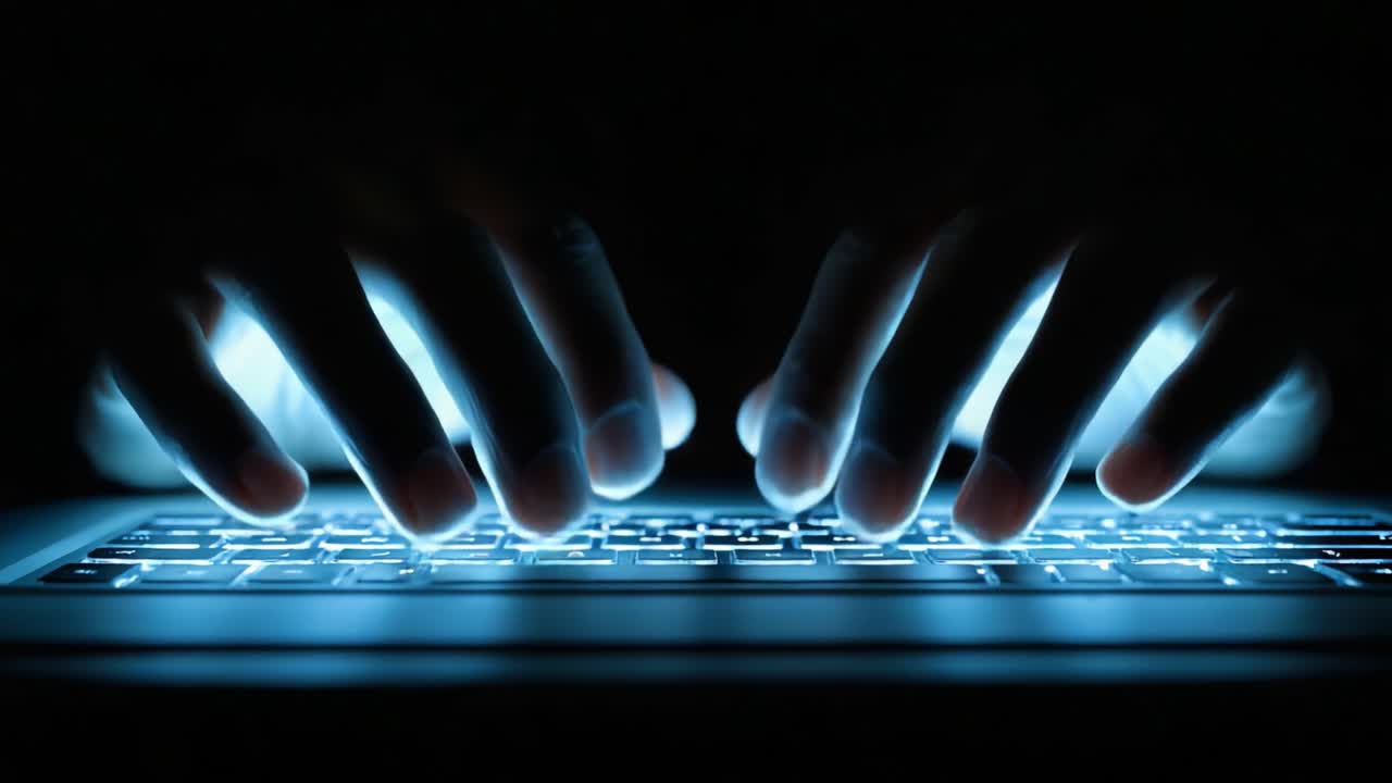Illuminated Hands Typing on a Keyboard in a Dark Environment, Showcasing the Contrast Between Light and Shadow, Emphasizing the Art of Digital Interaction