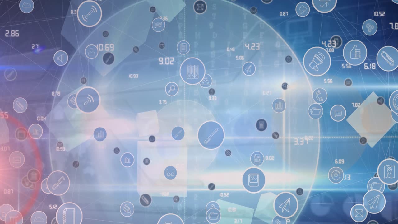 파란색 배경에 있는 데이터 처리 및 아이콘의 애니메이션