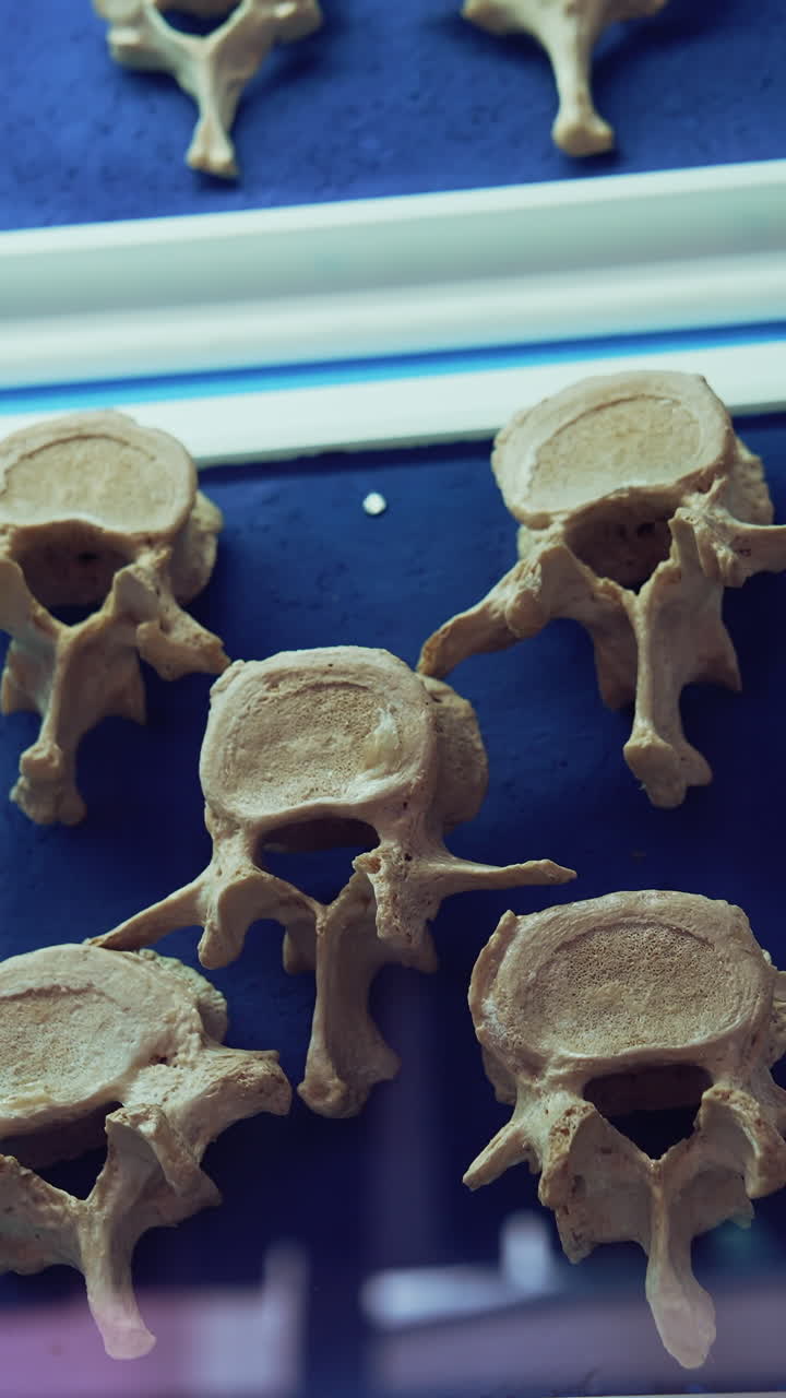 Parts of bones on the wall. Dummies of human bones. Artificial bones. Vertical video