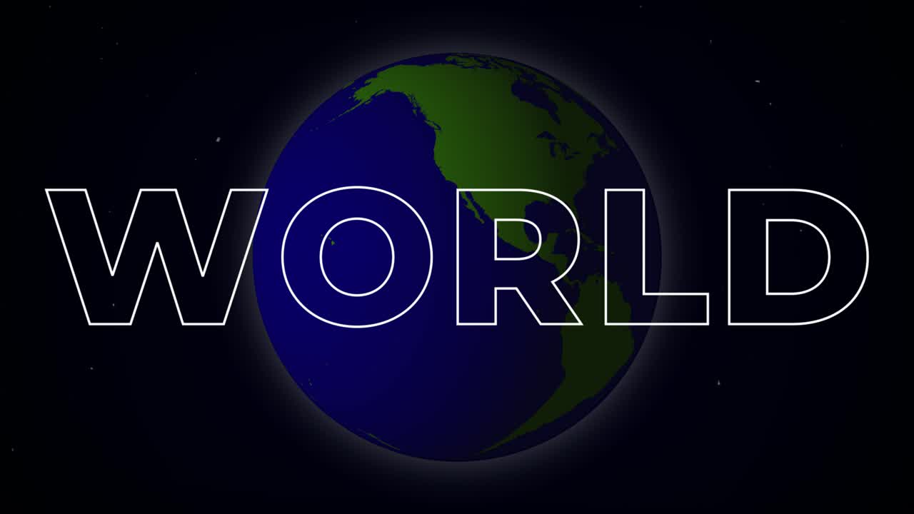 Spinning turning world cartoon 3D animation planet earth globe sphere with starry universe space background and map countries continents typography outlined font letters