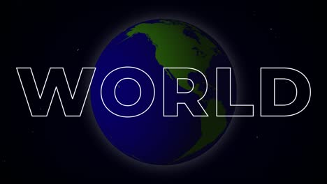 spinning turning world cartoon 3d animation planet earth globe sphere with starry universe space background and map countries continents typography outlined font letters