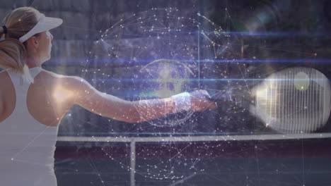 female tennis player swinging racket on outdoor court, overlaying technology network graphic nodes