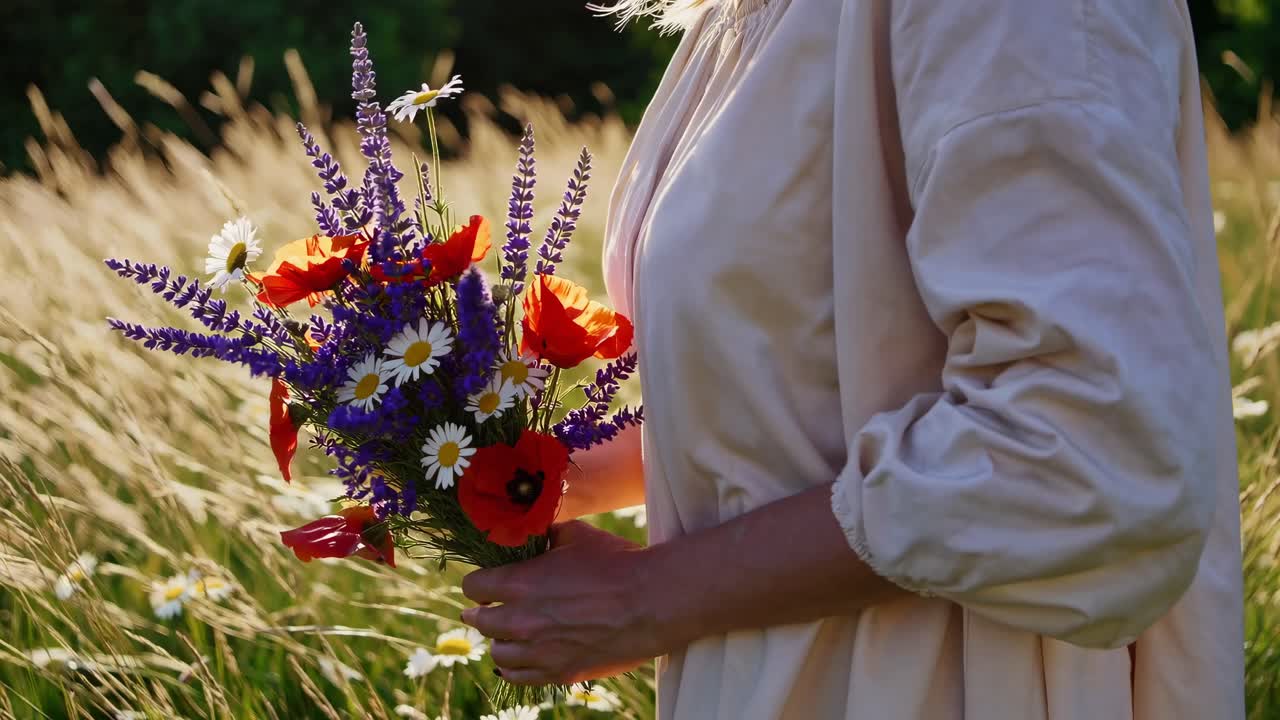 Uma cena de vídeo serena com um ângulo lateral de uma mulher em um vestido branco segurando flores silvestres.