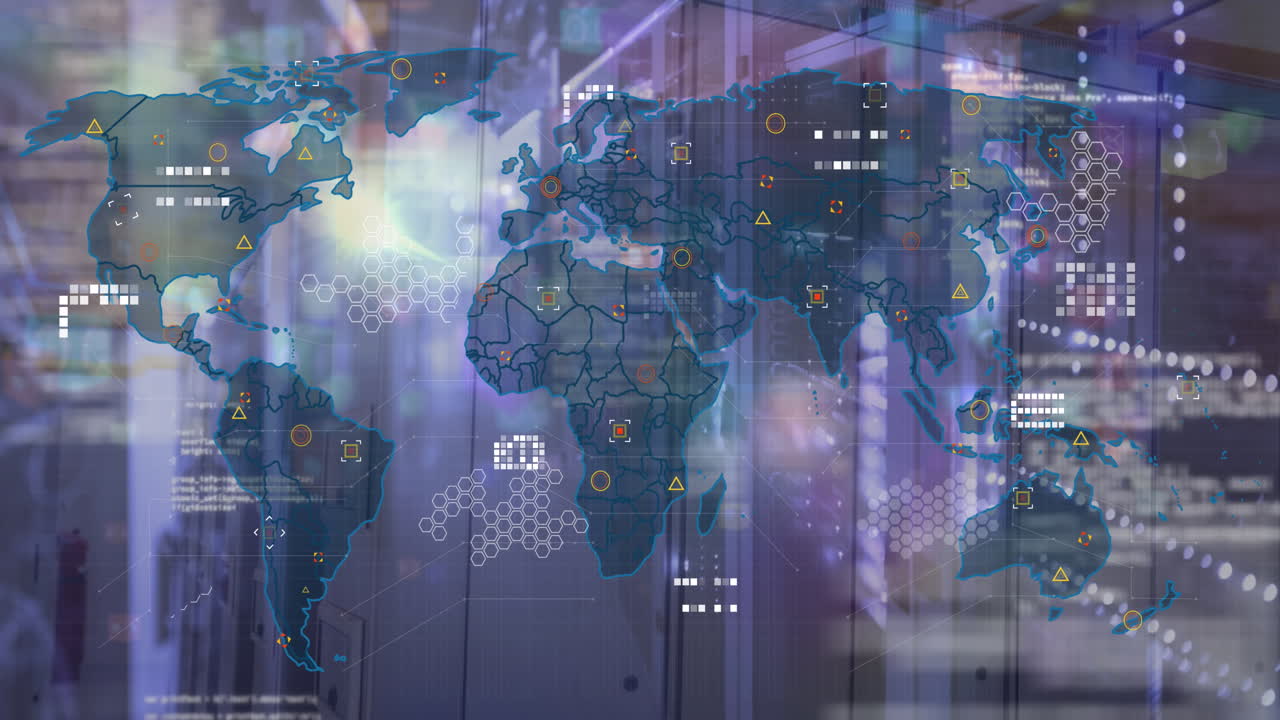 떠다니는 디지털 아이콘, 세계 지도 및 컴퓨터 서버 방에 대한 데이터 처리의 애니메이션