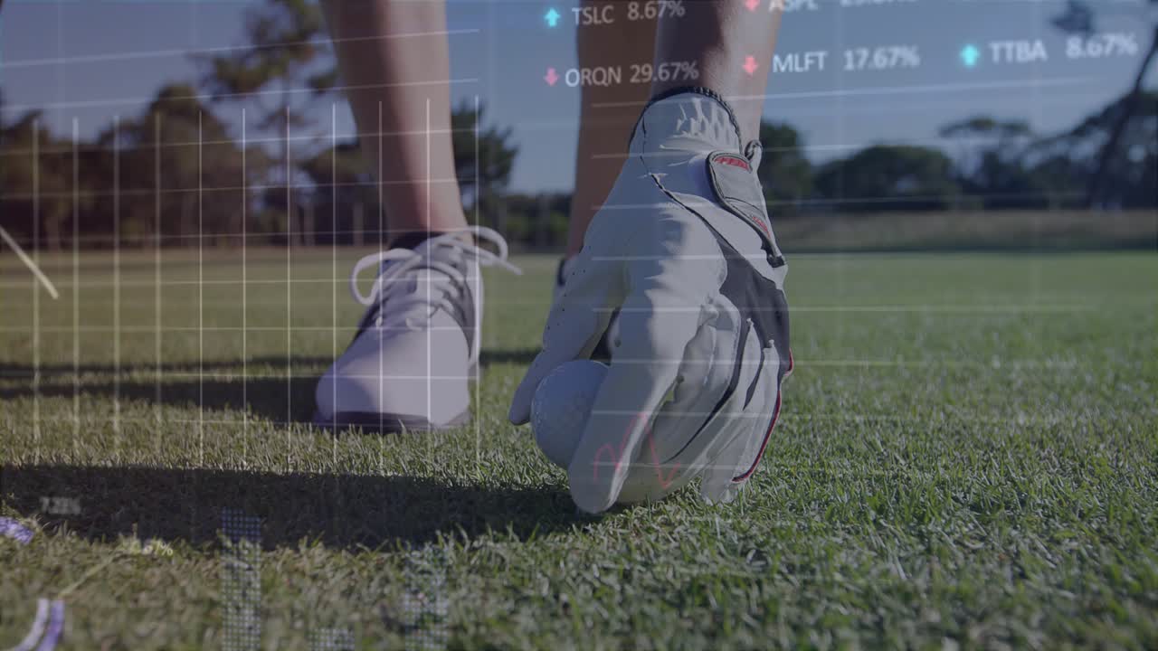 Golfer stepping into frame and activating metrics while placing ball on tee for swing analysis