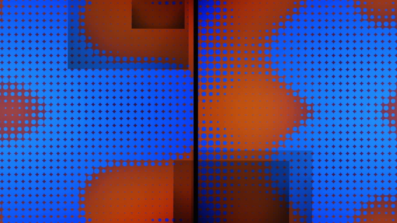 animación de pantalla dividida con cuadrados grises y píxeles azules que cambian de tamaño sobre fondo naranja
