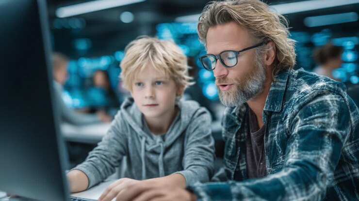 A Dad and Son Bonding Over Technology: Exploring the Fascinating World of Digital Learning Together at a Modern Workspace