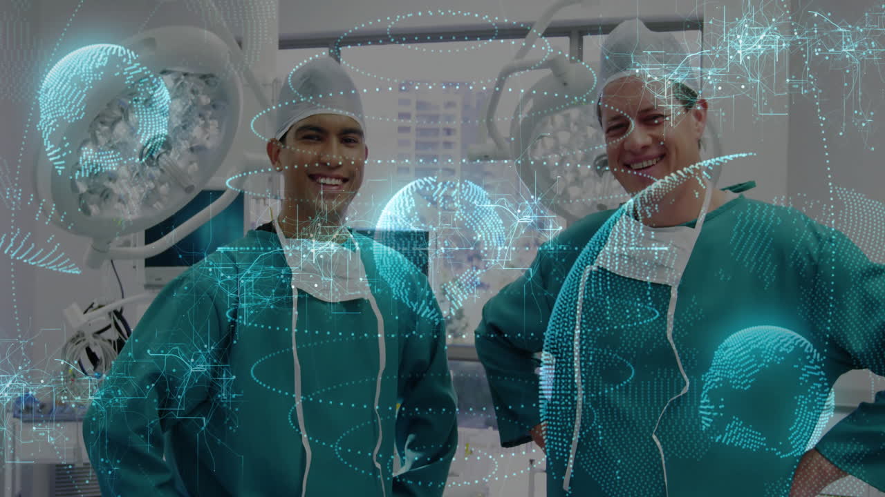 Two surgeons standing in operating room, displaying holographic health data visuals and cables