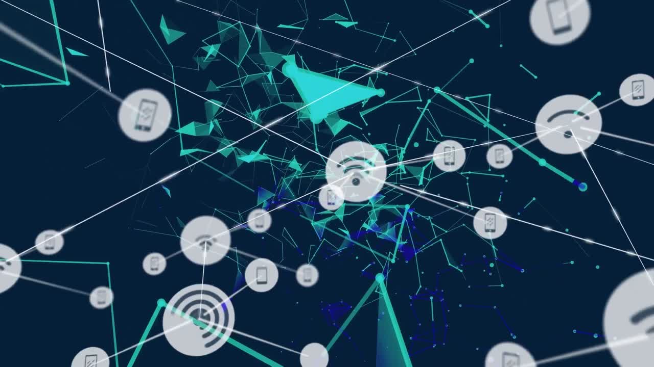 animación de la red de iconos de perfil sobre redes de plexo flotando contra un fondo azul