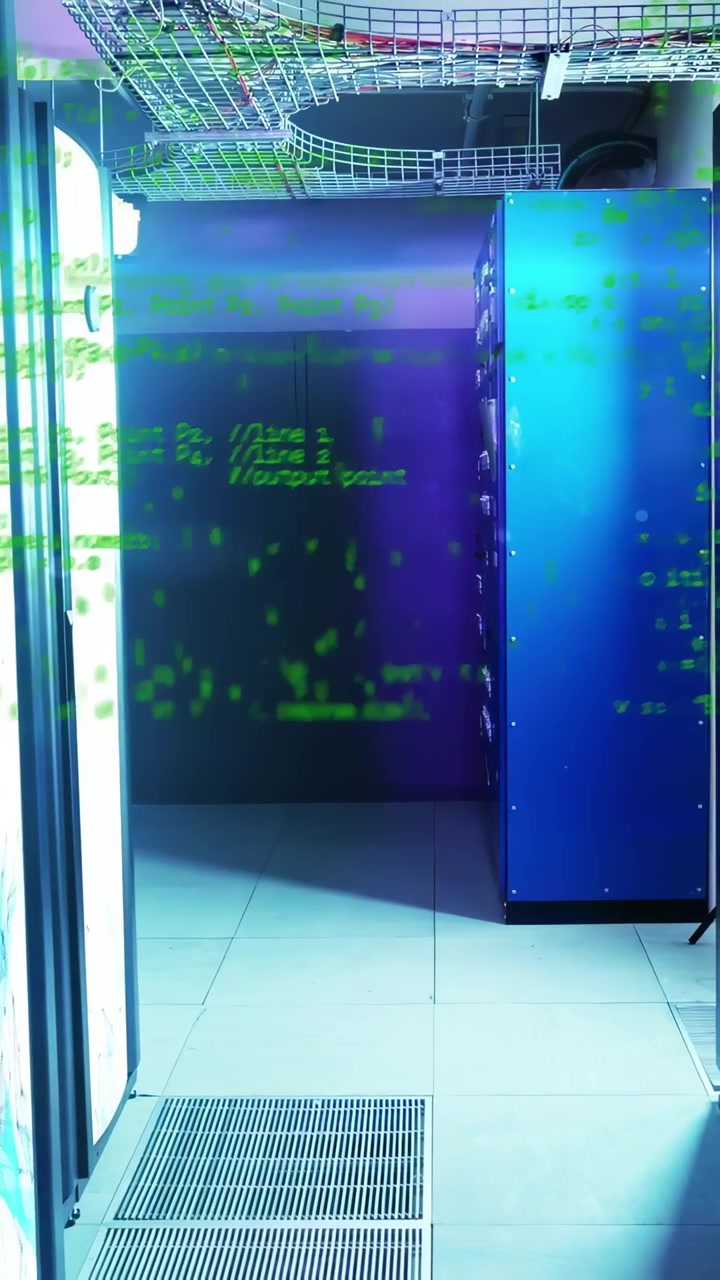 Vertikal video: Blåt serverrack står i IT-rum, mens grønt kode-overlay skifter, afslører dør, gitter.