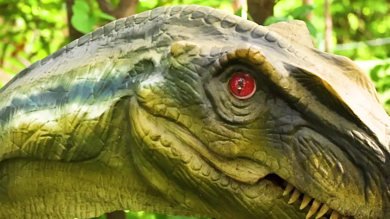 A detailed close-up of a green dinosaur sculpture's head featuring a striking red eye