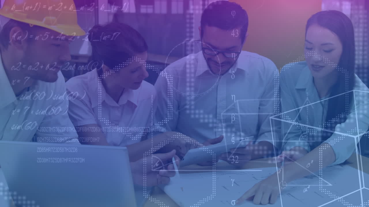 animación del procesamiento de datos matemáticos en un grupo de arquitectos que trabajan juntos