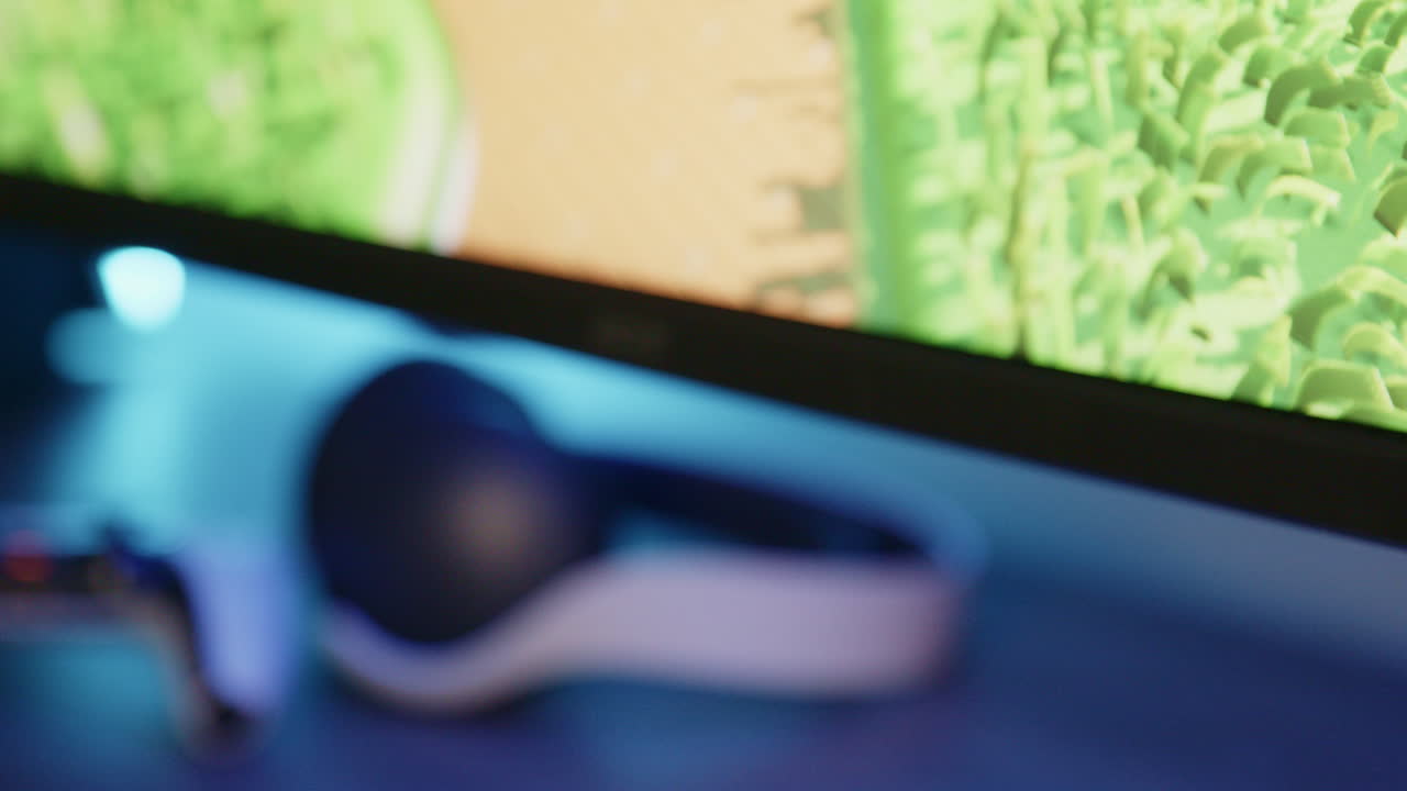 niño colocando su controlador ps5 después de jugar en su playstation 5 en una habitación led rgb por la noche, vista lateral cerrada