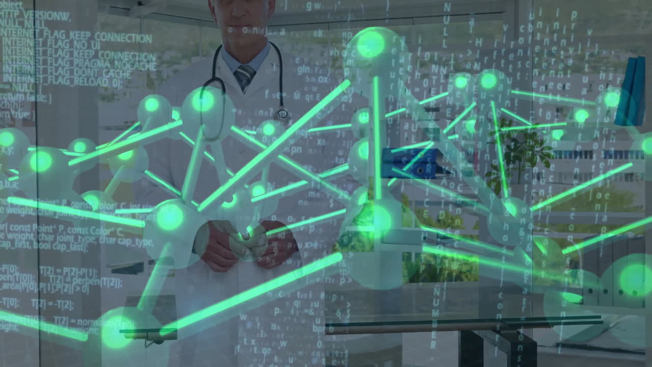 Male doctor standing behind glass partition in medical office, displaying green molecular network