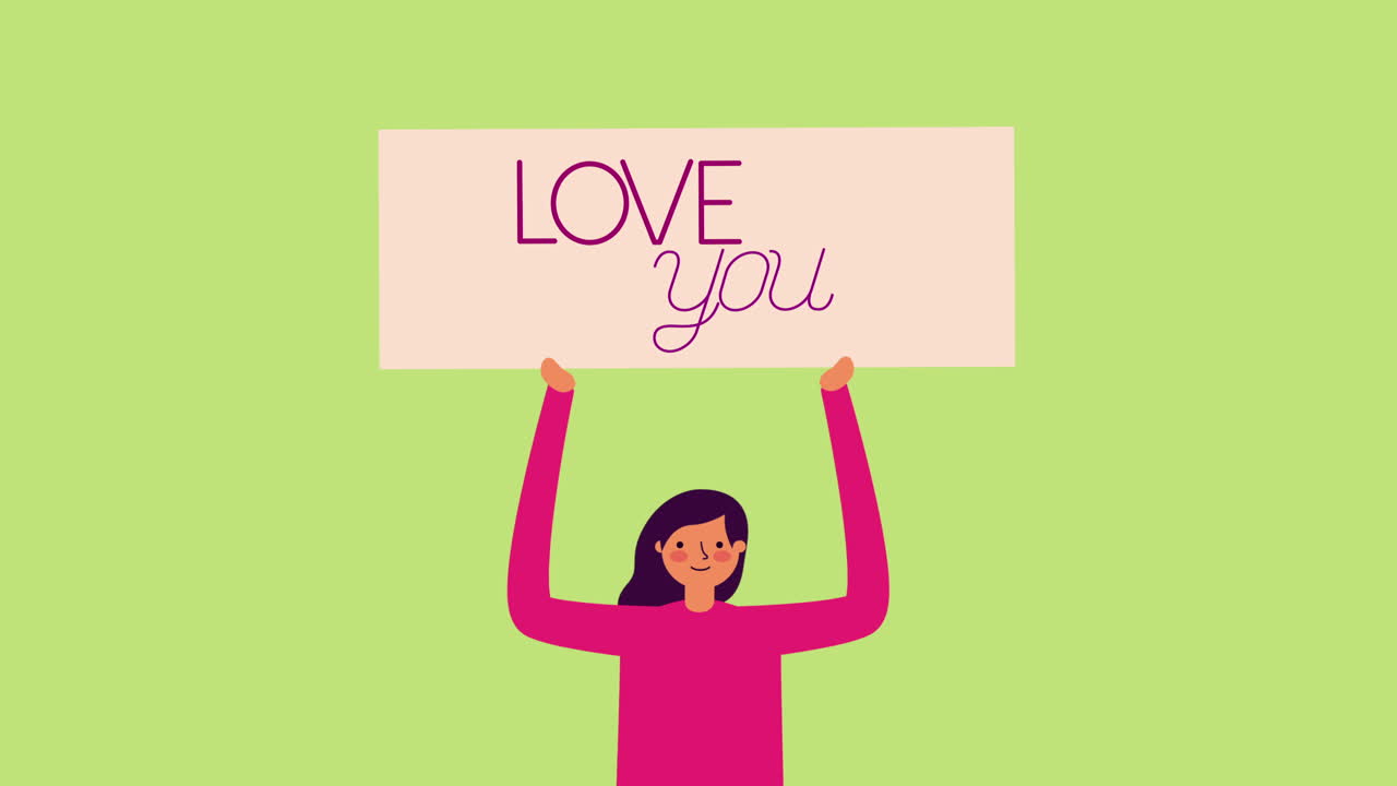 발렌타인 데이 배너를 들고 있는 젊은 여성