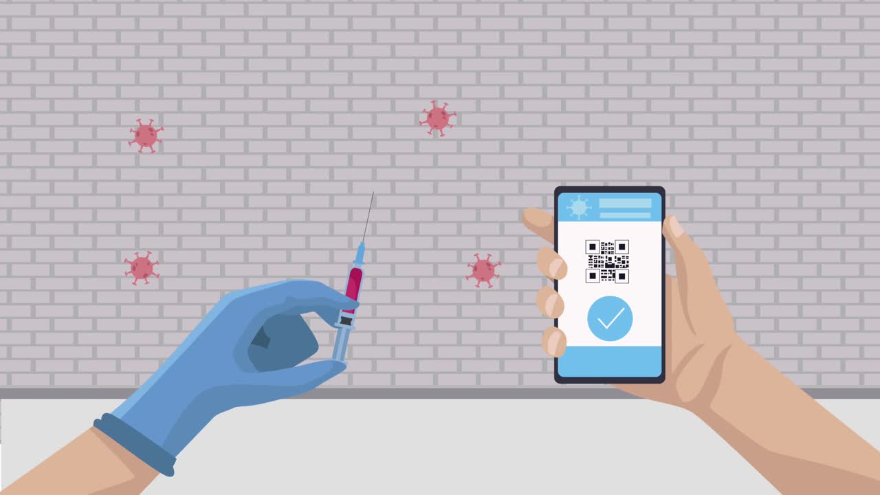 partículas de covid-19 con jeringa de elevación manual y teléfono inteligente