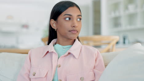 Woman,-face-and-frustrated-on-living-room-sofa