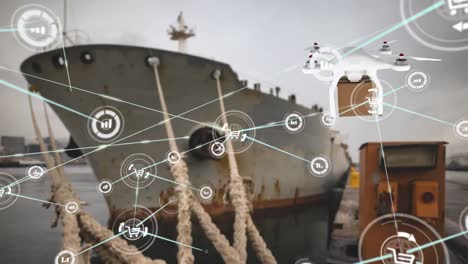 Netzwerk-Digitaler-Symbole-über-Einer-Drohne,-Die-Eine-Lieferbox-Gegen-Ein-Schiff-Trägt