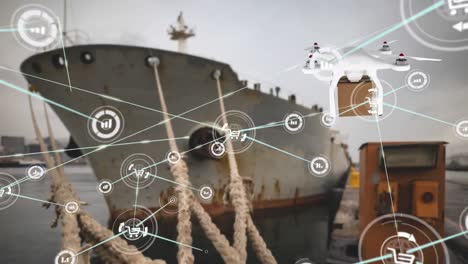 red de iconos digitales sobre un avión no tripulado que lleva una caja de entrega contra el barco