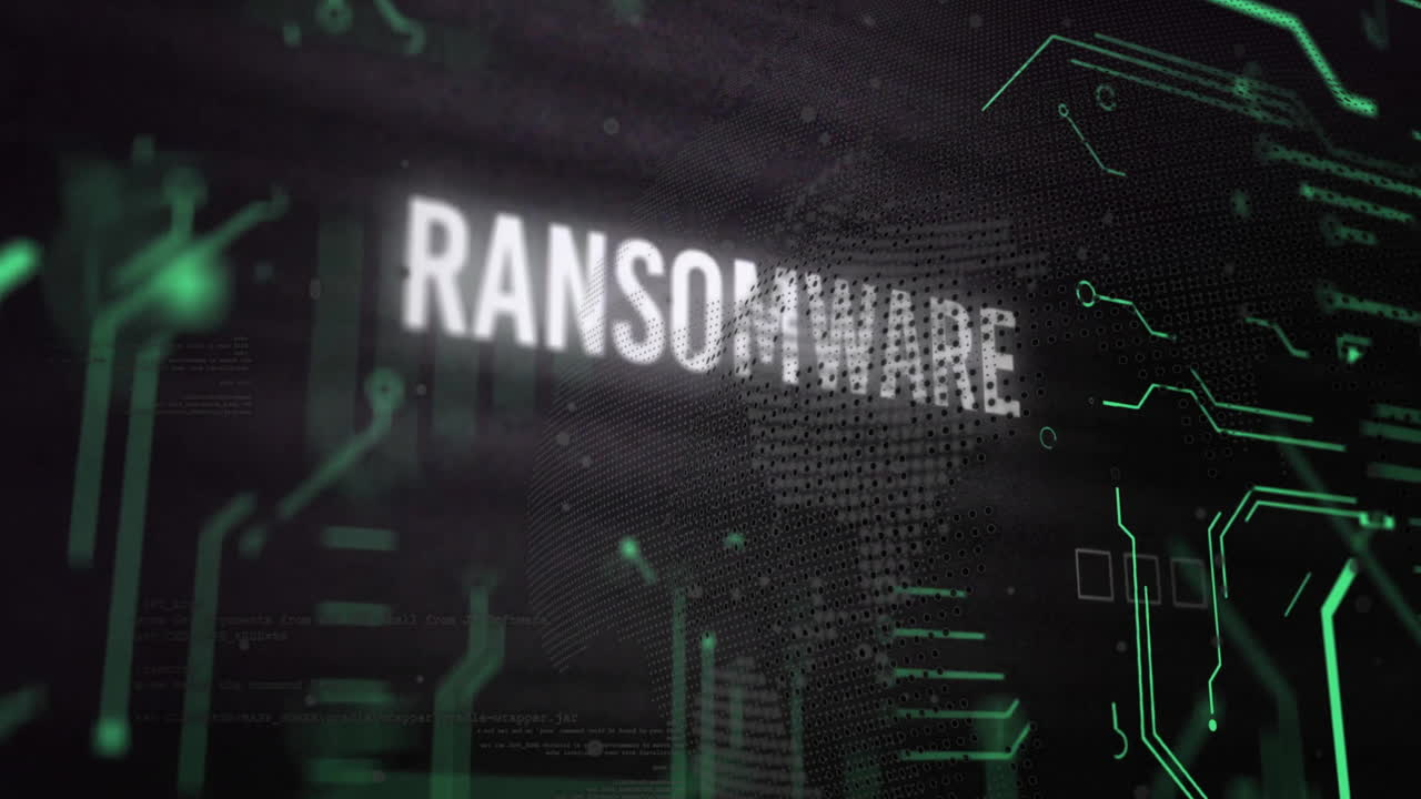Animation of ransomware text over biometric fingerprint over black background