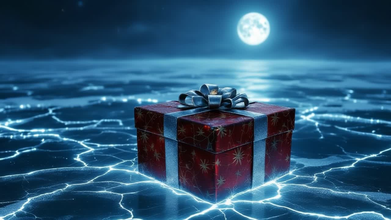 Scatola regalo con nastro argentato su ghiaccio scintillante al chiaro di luna, creando un'atmosfera magica.