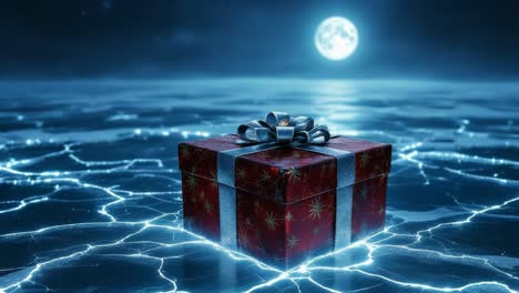 gift box with silver ribbon on shimmering ice under moonlight, creating a magical atmosphere