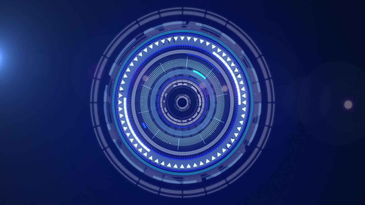 Digital animation of spot of light and neon round scanner spinning against blue background