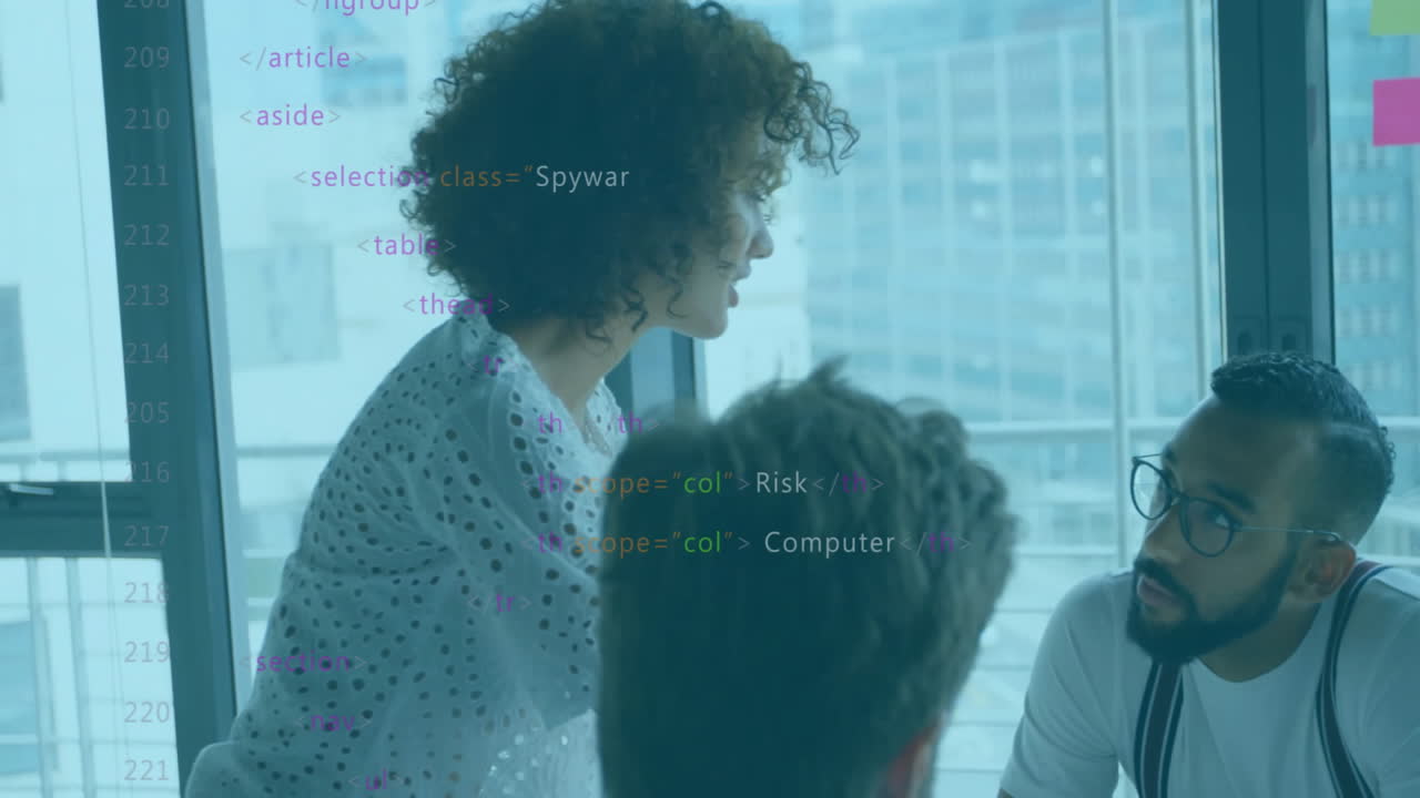 Animation of data processing over diverse colleagues discussing work in office