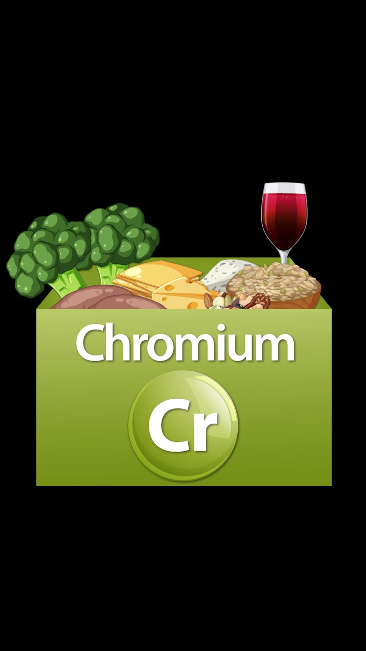 Vertical animation of chromium supplement box revealing assorted healthy foods on black background