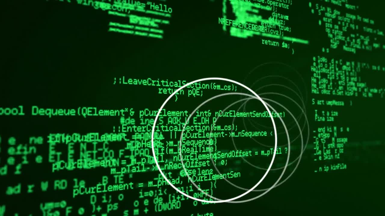Animation of circles rotating over data processing in green and black space