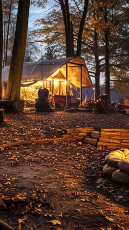cozy campsite by the lake with tents and a warm campfire at dusk