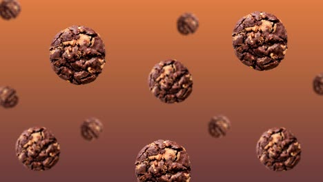 a stream of delicious chocolate chip cookies for breakfast of different diameters diameters  on a trend gradient color backgroun. 4k uhd footage. futuristic design, motion design animation. pop art design, creative christmas sweets food concept