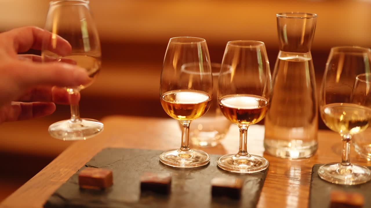 맛보기 세션에서 위스키 컵에 손을 는