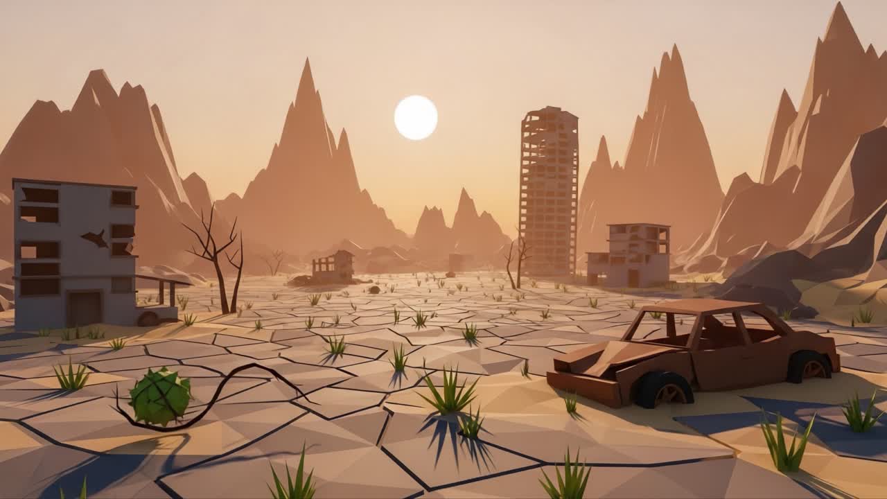 Desolate Landscape in a Low-Poly Style: A Journey Through an Abandoned City with a Setting Sun and Cracked Ground Showcasing Deterioration and Nature's Persistence